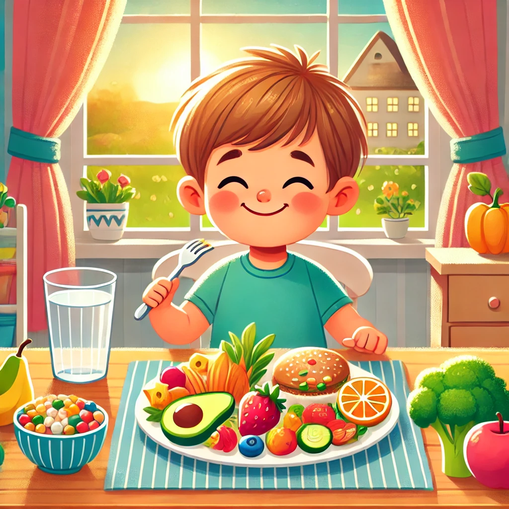 A happy toddler enjoying a healthy meal with fruits, vegetables, and whole grains.