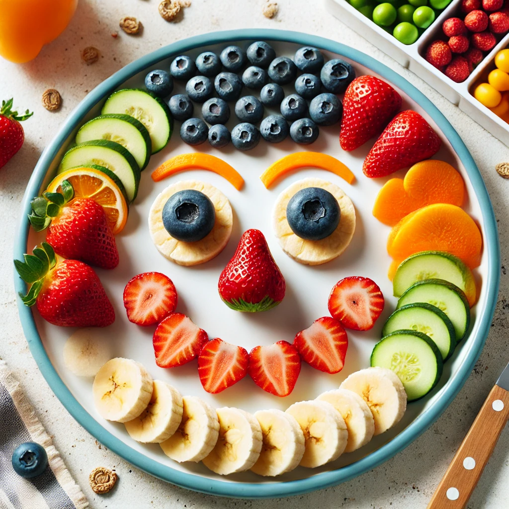 A fun food plate with fruits and vegetables arranged in a smiley face to encourage healthy eating.