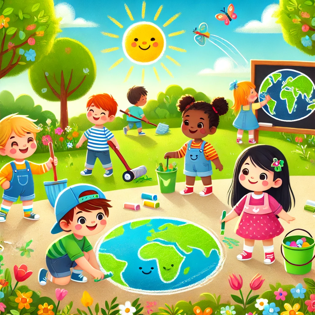 Preschool children celebrating Earth Day by drawing Earth-themed pictures with chalk, picking up litter, and watering plants in a bright, sunny park.