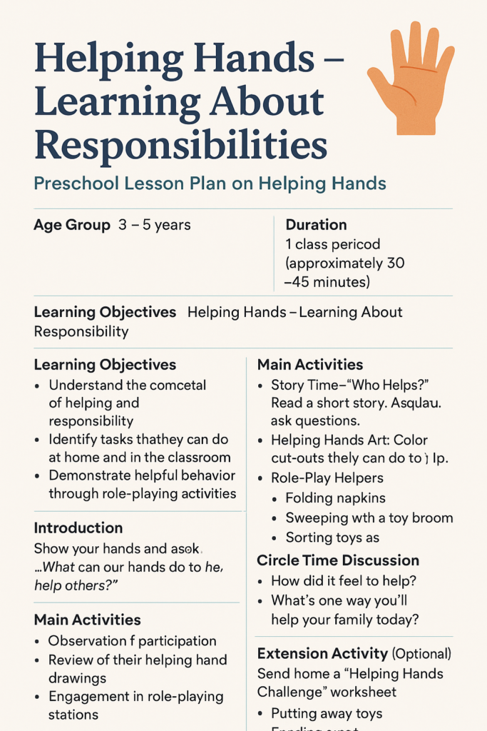 Preschool lesson plan on helping hands