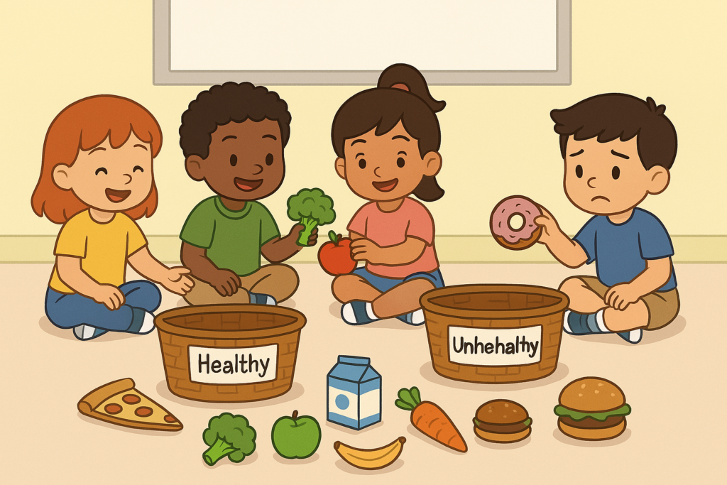Preschool children sorting healthy and unhealthy foods into baskets