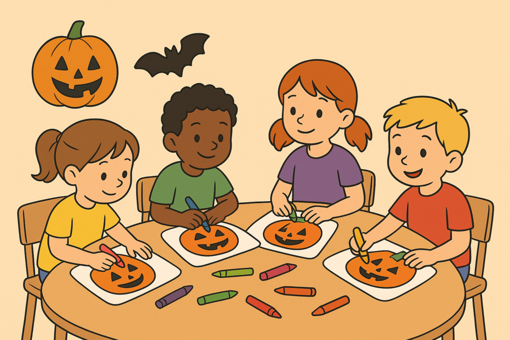 Kids sitting in a circle with colorful pumpkins and Halloween decorations